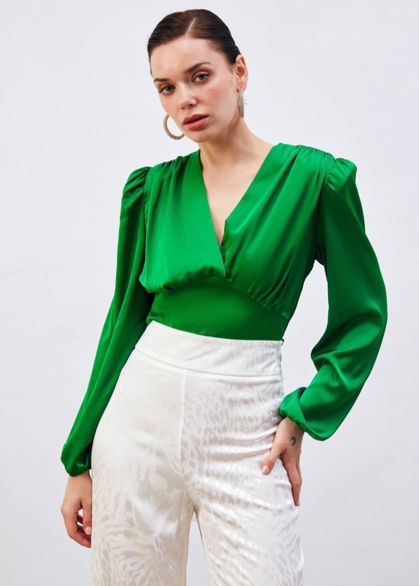 Gaiia Satin Crop Top With Padded Shoulder - Green - GAIIA